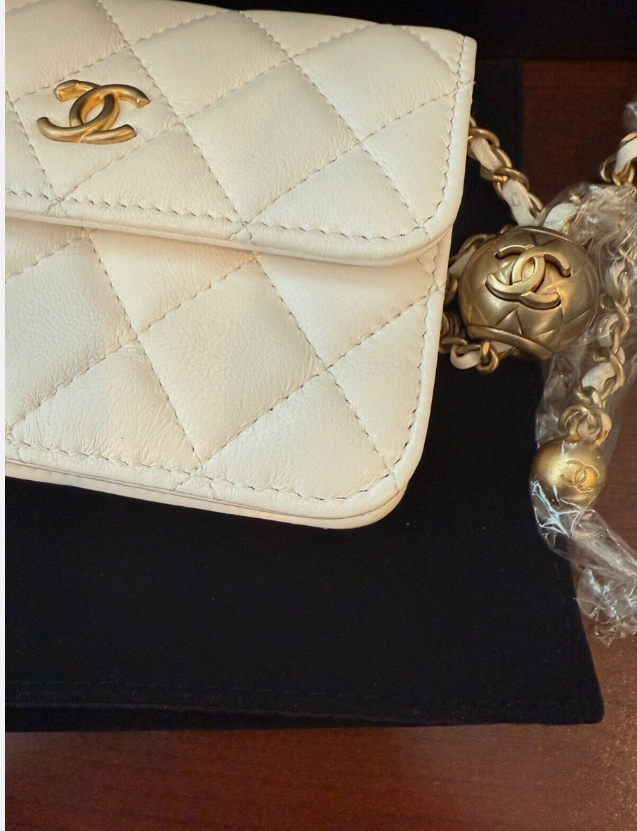 CHANEL White Lambskin Mini Square Flap Bag Pearl Crush / Gold Ball Bag