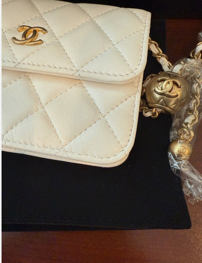 CHANEL White Lambskin Mini Square Flap Bag Pearl Crush / Gold Ball Bag