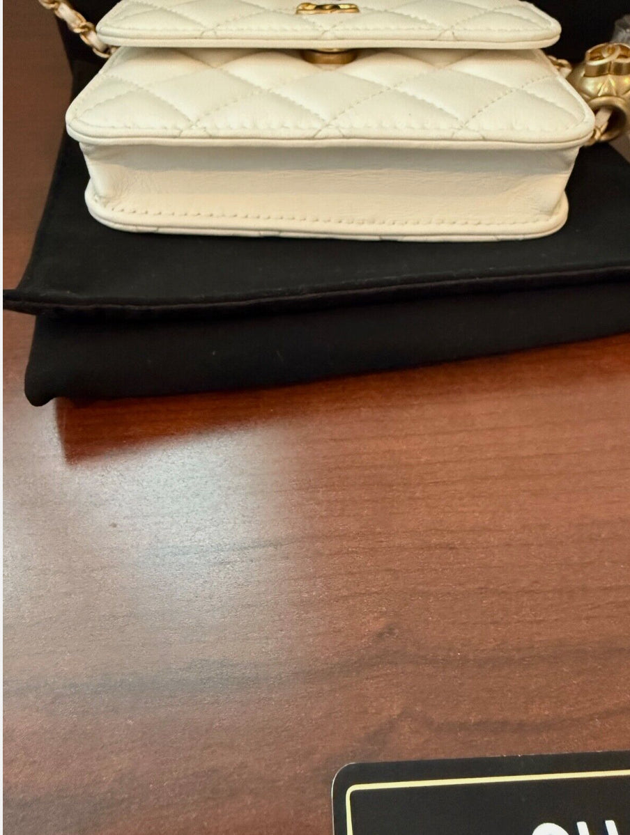 CHANEL White Lambskin Mini Square Flap Bag Pearl Crush / Gold Ball Bag