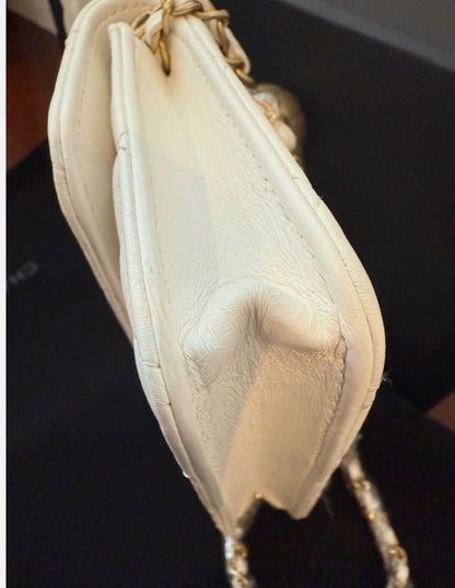 CHANEL White Lambskin Mini Square Flap Bag Pearl Crush / Gold Ball Bag