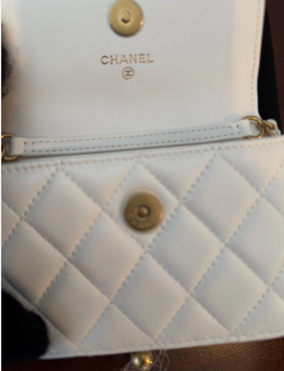 CHANEL White Lambskin Mini Square Flap Bag Pearl Crush / Gold Ball Bag