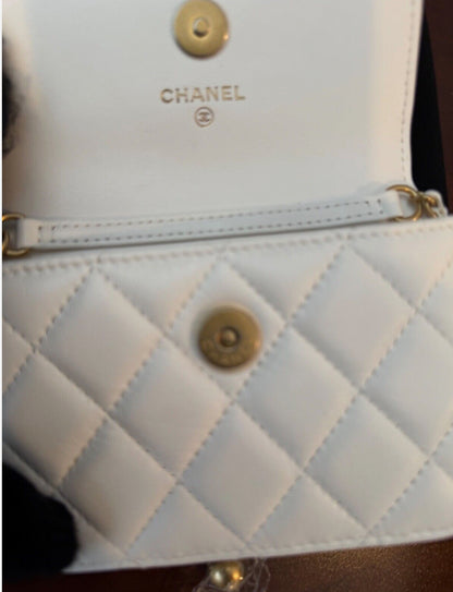 CHANEL White Lambskin Mini Square Flap Bag Pearl Crush / Gold Ball Bag