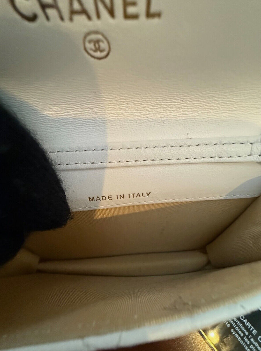 CHANEL White Lambskin Mini Square Flap Bag Pearl Crush / Gold Ball Bag