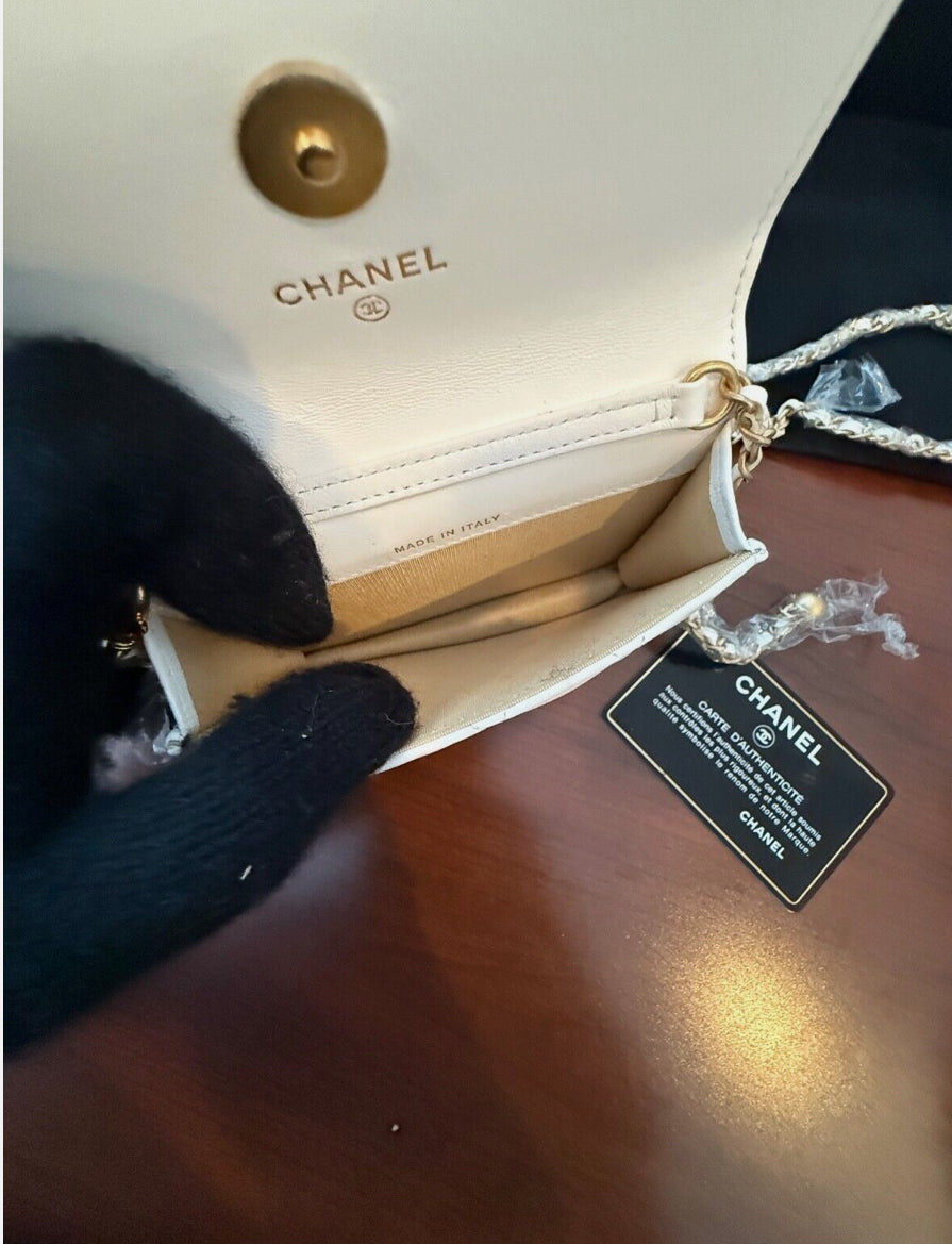 CHANEL White Lambskin Mini Square Flap Bag Pearl Crush / Gold Ball Bag