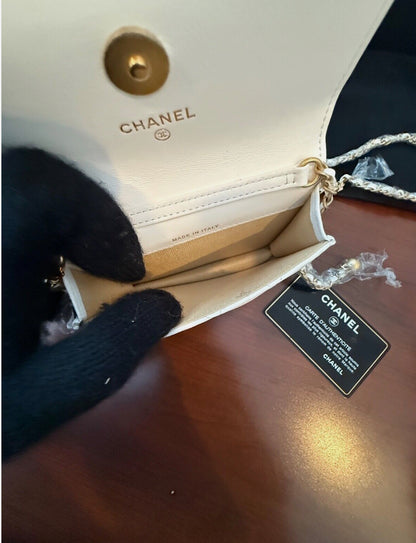 CHANEL White Lambskin Mini Square Flap Bag Pearl Crush / Gold Ball Bag