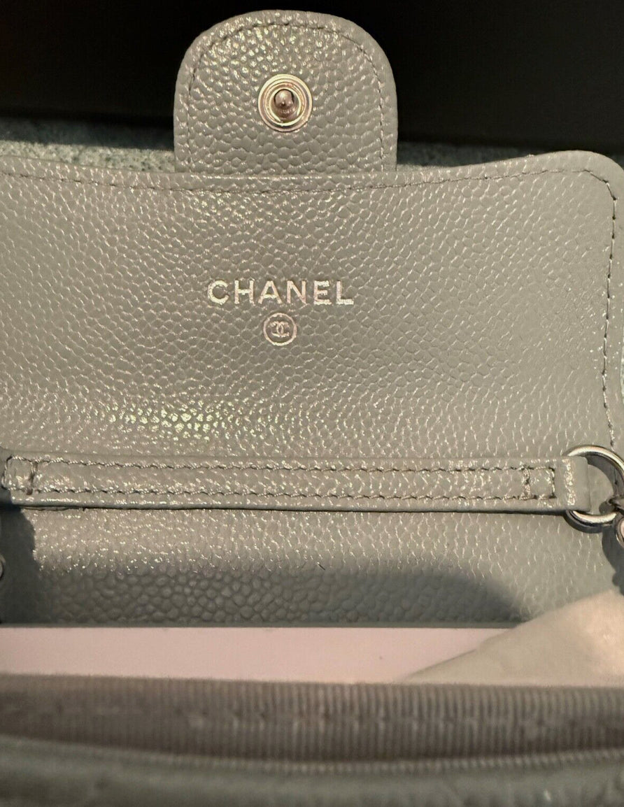 Chanel Classic Flap Quilted Caviar Mini Card Holder on Chain Green