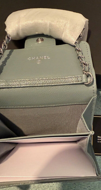 Chanel Classic Flap Quilted Caviar Mini Card Holder on Chain Green