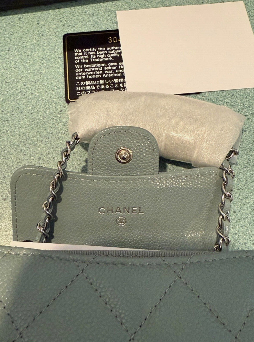 Chanel Classic Flap Quilted Caviar Mini Card Holder on Chain Green