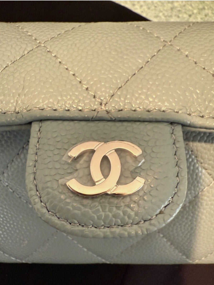 Chanel Classic Flap Quilted Caviar Mini Card Holder on Chain Green