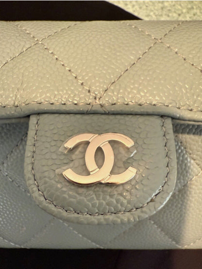 Chanel Classic Flap Quilted Caviar Mini Card Holder on Chain Green