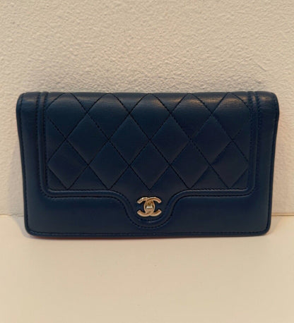 Chanel Blue Quilted Wallet Pink Interior Leather Long Flap Wallet