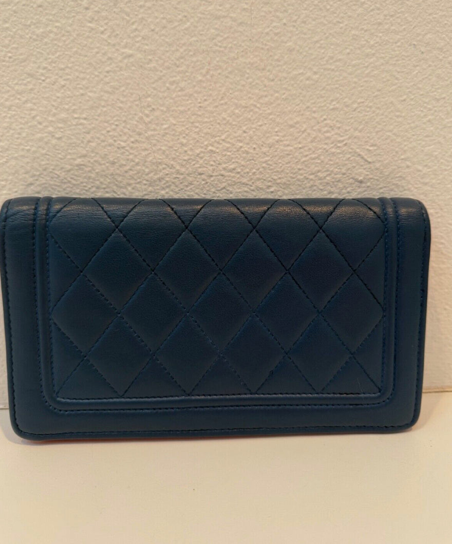 Chanel Blue Quilted Wallet Pink Interior Leather Long Flap Wallet