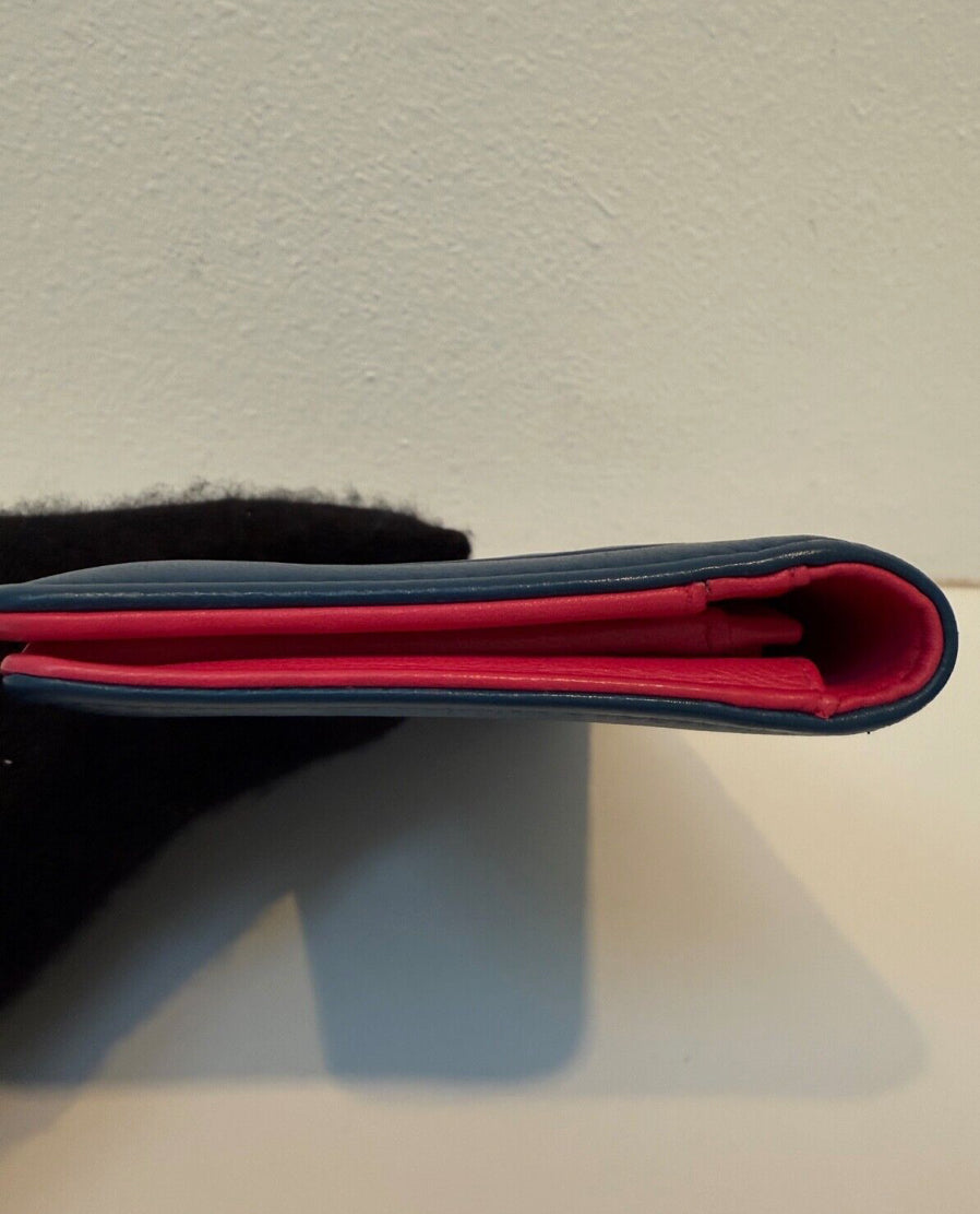 Chanel Blue Quilted Wallet Pink Interior Leather Long Flap Wallet