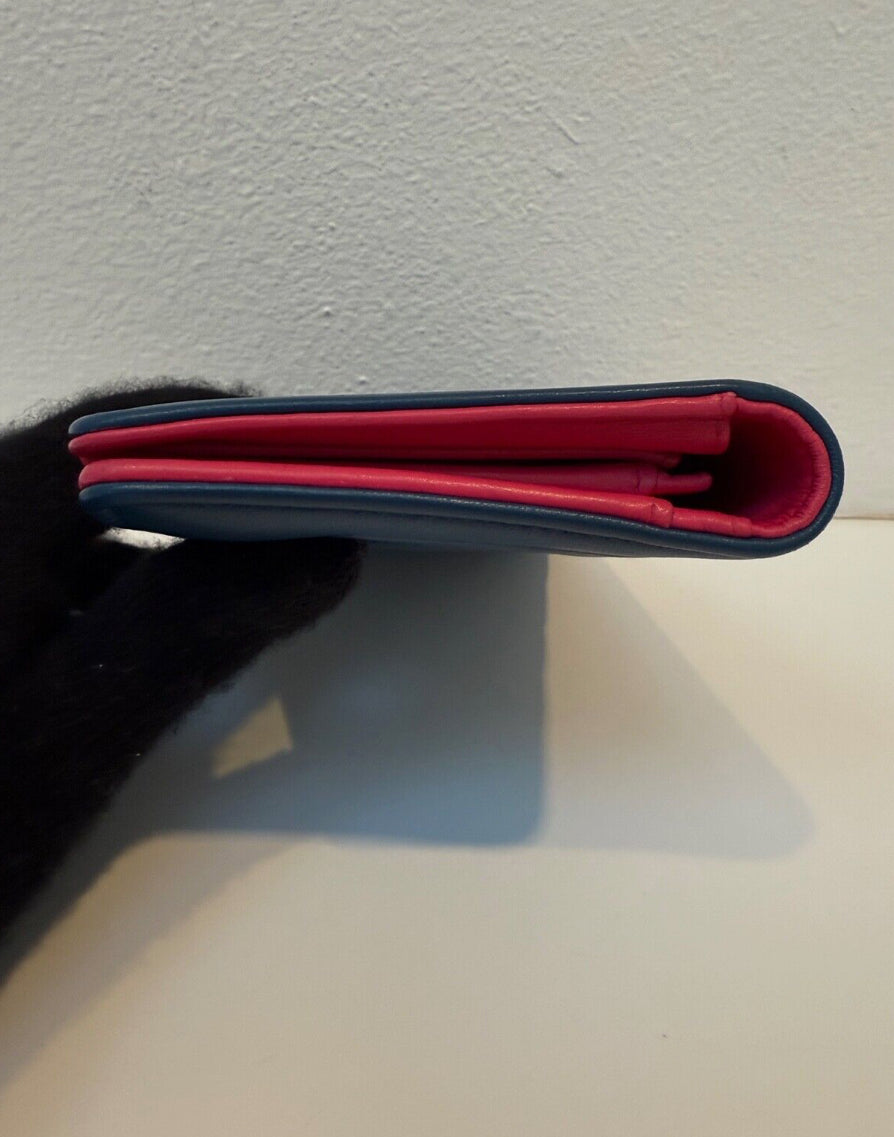 Chanel Blue Quilted Wallet Pink Interior Leather Long Flap Wallet