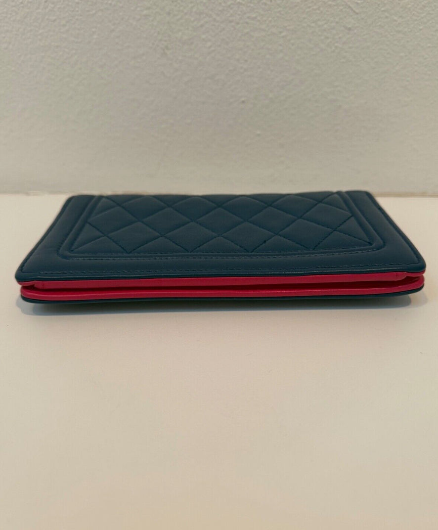 Chanel Blue Quilted Wallet Pink Interior Leather Long Flap Wallet
