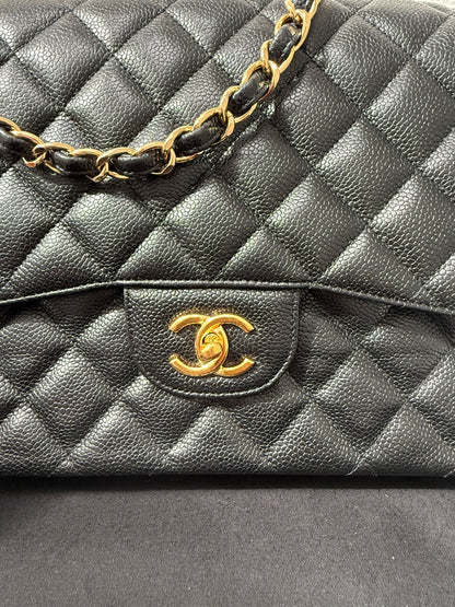 Authentic Chanel Black Quilted Caviar Leather Classic Jumbo Double Flap Bag