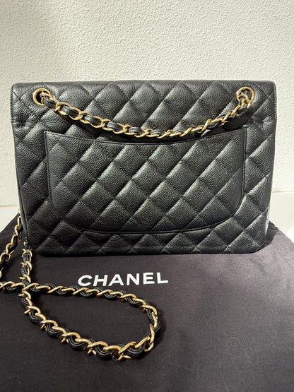 Authentic Chanel Black Quilted Caviar Leather Classic Jumbo Double Flap Bag