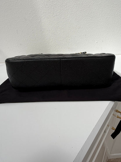 Authentic Chanel Black Quilted Caviar Leather Classic Jumbo Double Flap Bag