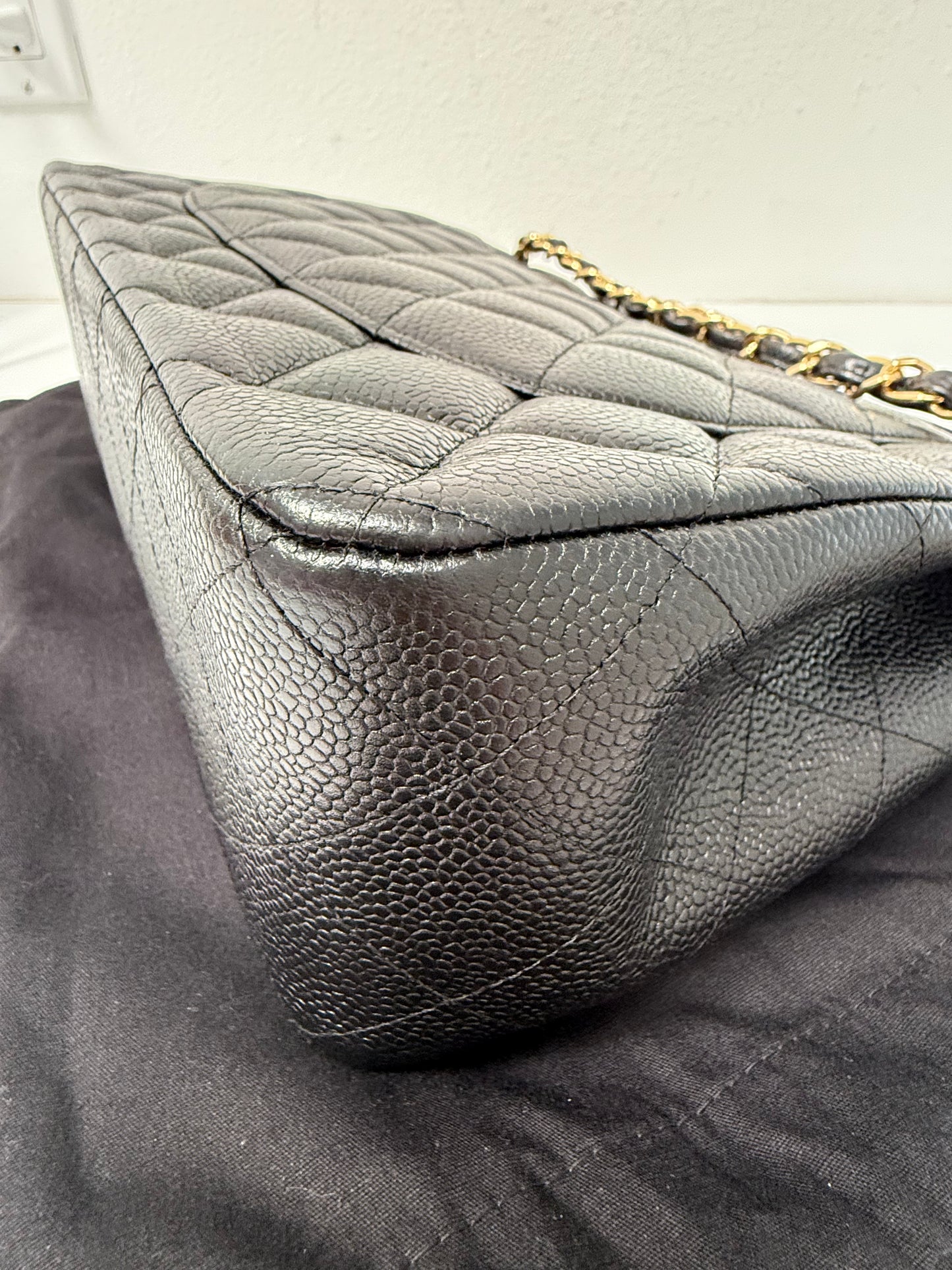 Authentic Chanel Black Quilted Caviar Leather Classic Jumbo Double Flap Bag