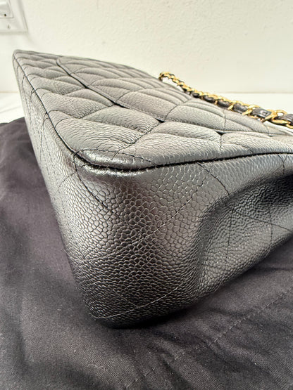 Authentic Chanel Black Quilted Caviar Leather Classic Jumbo Double Flap Bag