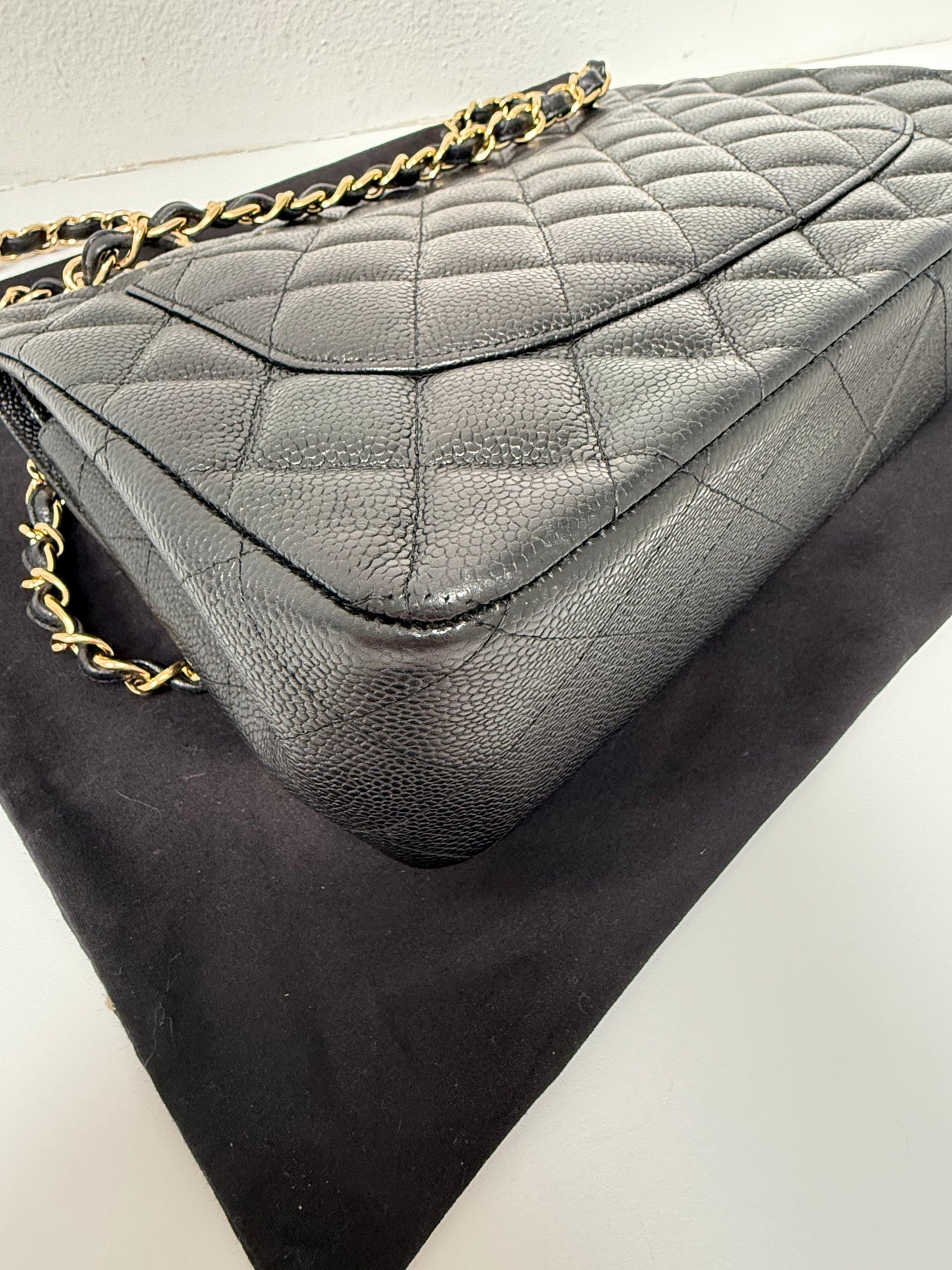 Authentic Chanel Black Quilted Caviar Leather Classic Jumbo Double Flap Bag