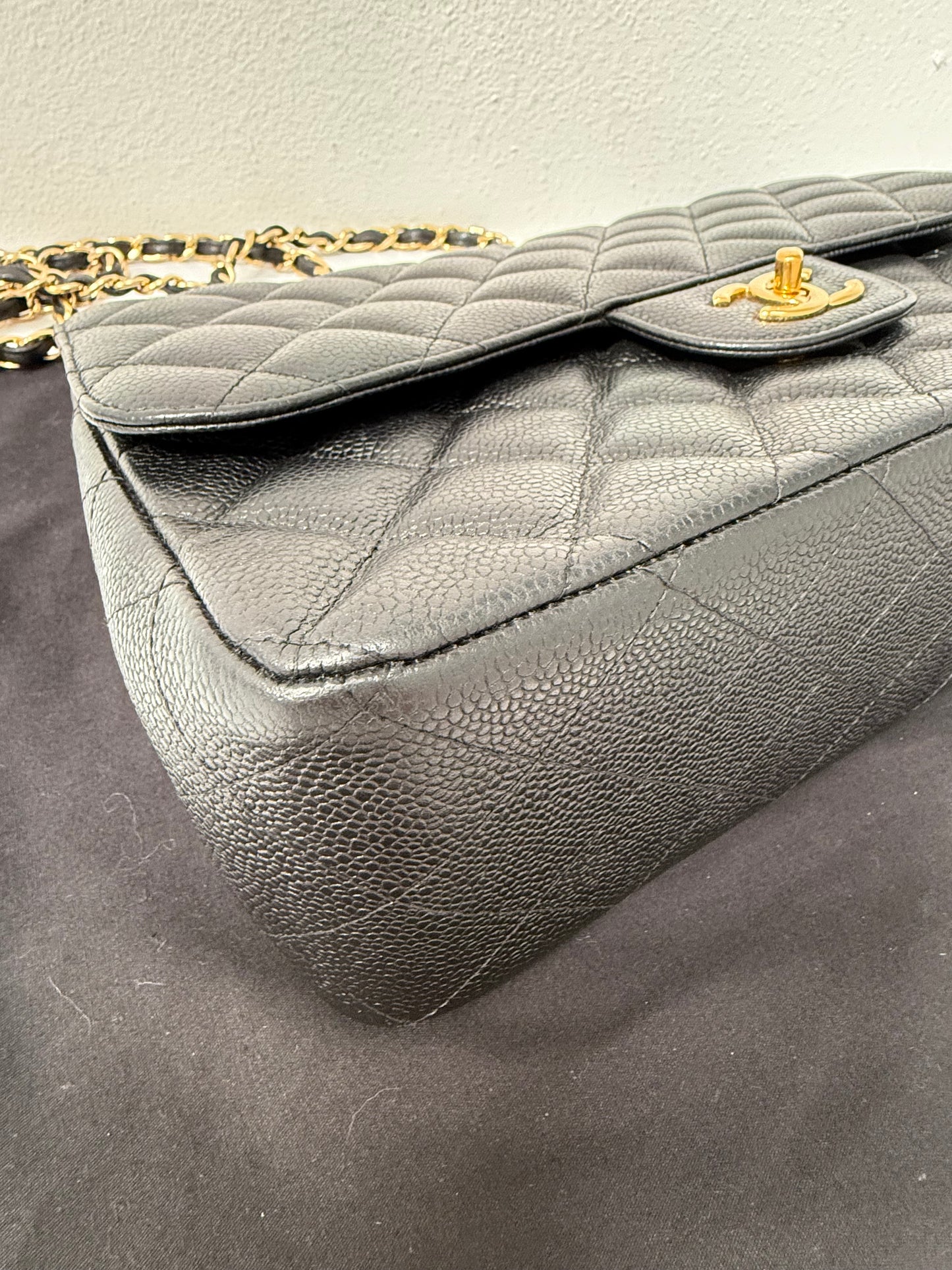 Authentic Chanel Black Quilted Caviar Leather Classic Jumbo Double Flap Bag