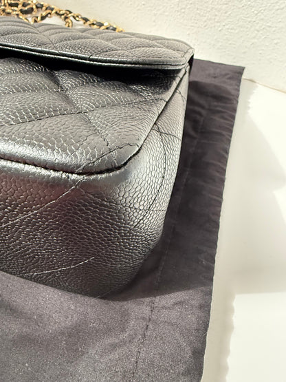 Authentic Chanel Black Quilted Caviar Leather Classic Jumbo Double Flap Bag