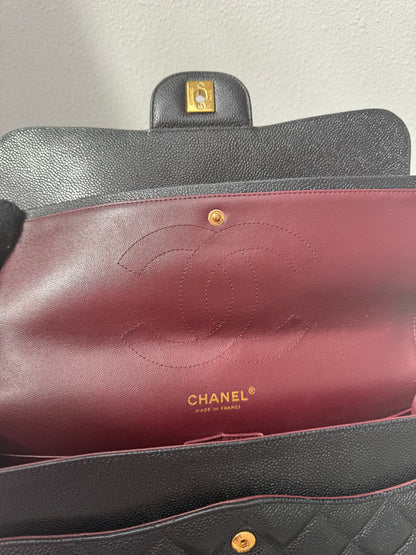 Authentic Chanel Black Quilted Caviar Leather Classic Jumbo Double Flap Bag