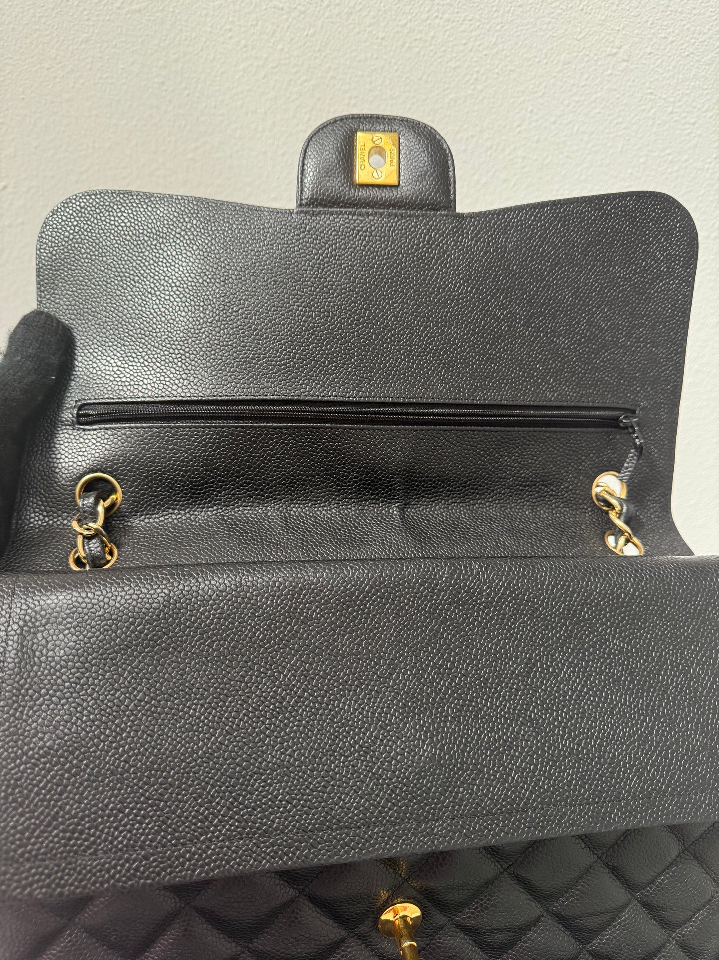 Authentic Chanel Black Quilted Caviar Leather Classic Jumbo Double Flap Bag