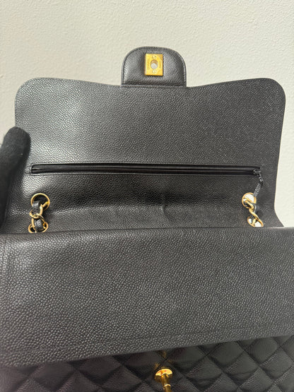 Authentic Chanel Black Quilted Caviar Leather Classic Jumbo Double Flap Bag