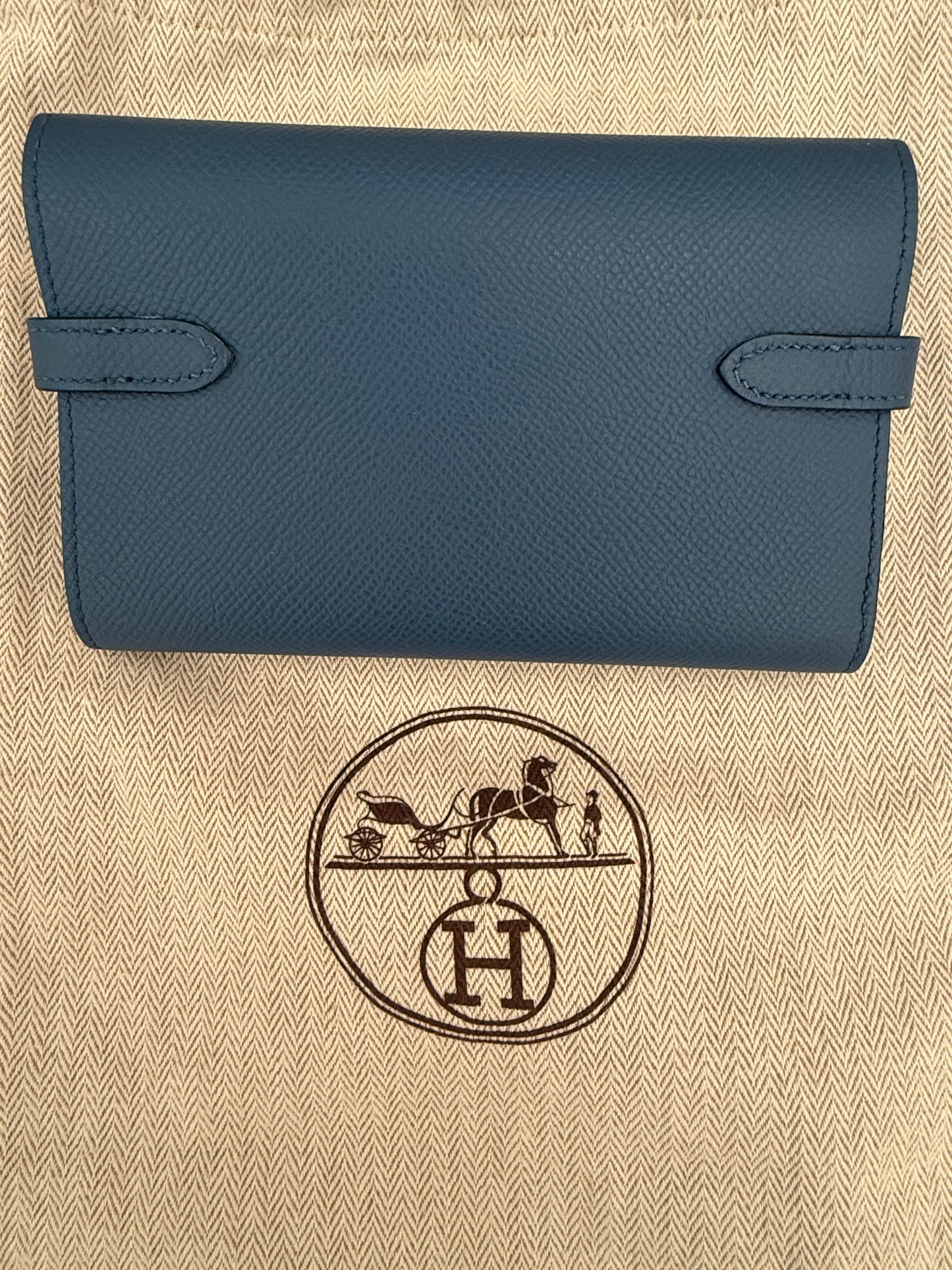Authentic Hermes Medium Kelly Blue Epsom Leather Wallet with Leather Strap