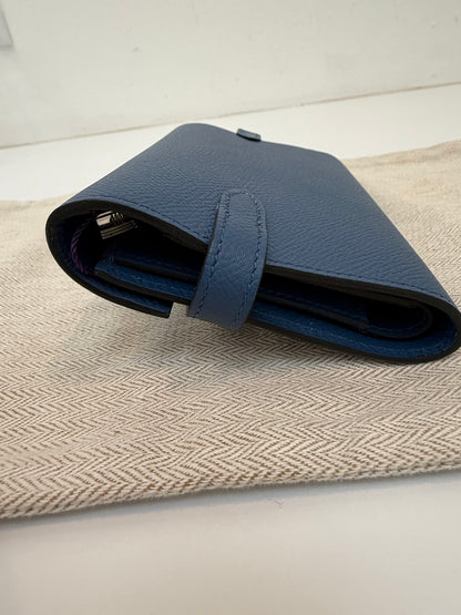 Authentic Hermes Medium Kelly Blue Epsom Leather Wallet with Leather Strap