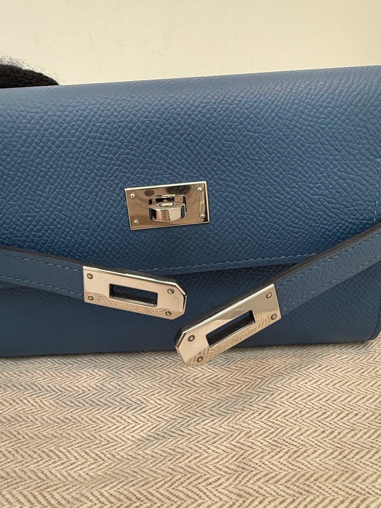 Authentic Hermes Medium Kelly Blue Epsom Leather Wallet with Leather Strap