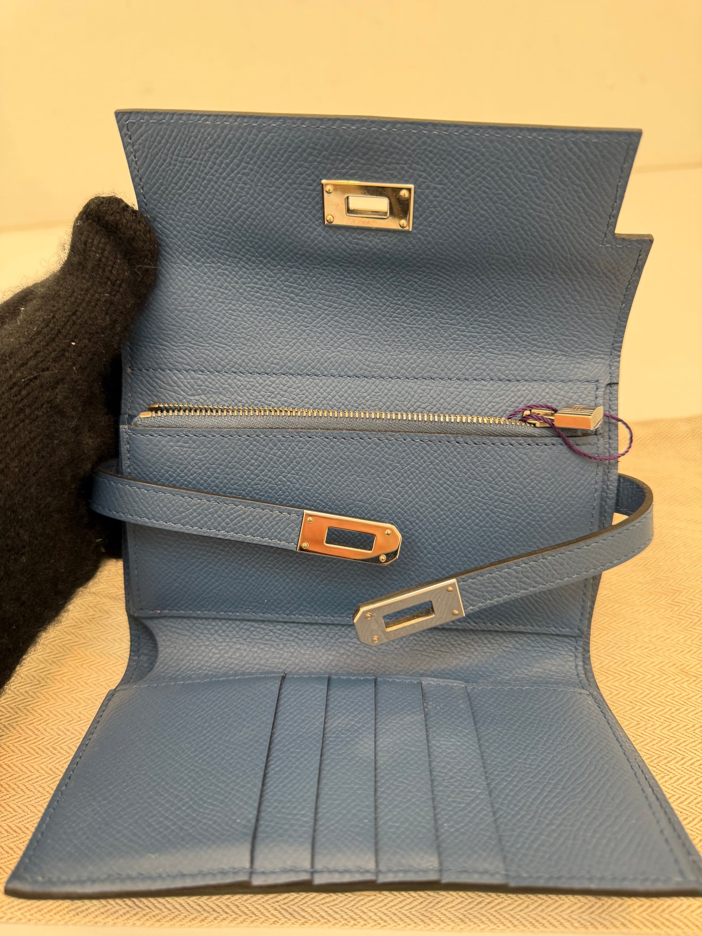 Authentic Hermes Medium Kelly Blue Epsom Leather Wallet with Leather Strap