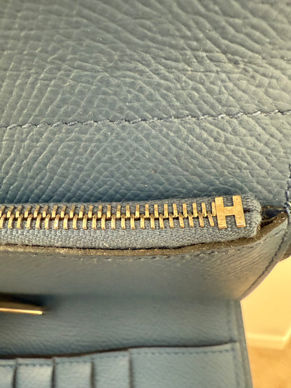 Authentic Hermes Medium Kelly Blue Epsom Leather Wallet with Leather Strap