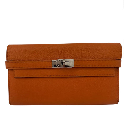 Authentic Hermes Orange Kelly Longue Wallet with Palladium HW