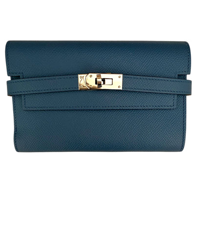 Authentic Hermes Medium Kelly Blue Epsom Leather Wallet with Leather Strap