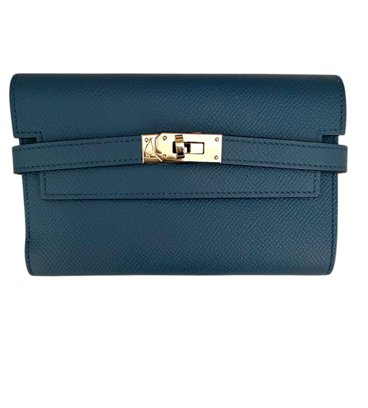 Authentic Hermes Medium Kelly Blue Epsom Leather Wallet with Leather Strap