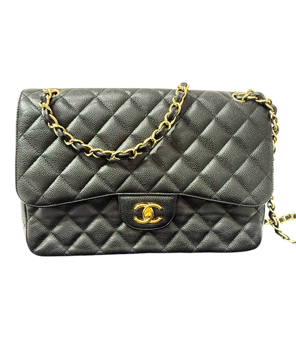 Authentic Chanel Black Quilted Caviar Leather Classic Jumbo Double Flap Bag