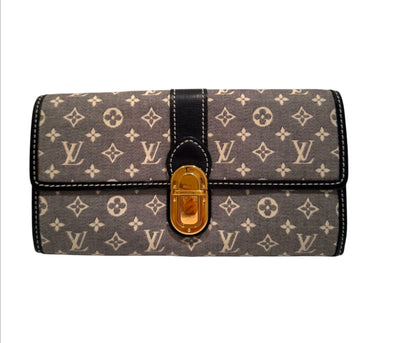 Authentic Louis Vuitton Blue Distressed Look Denim Monogram Leather Long Wallet