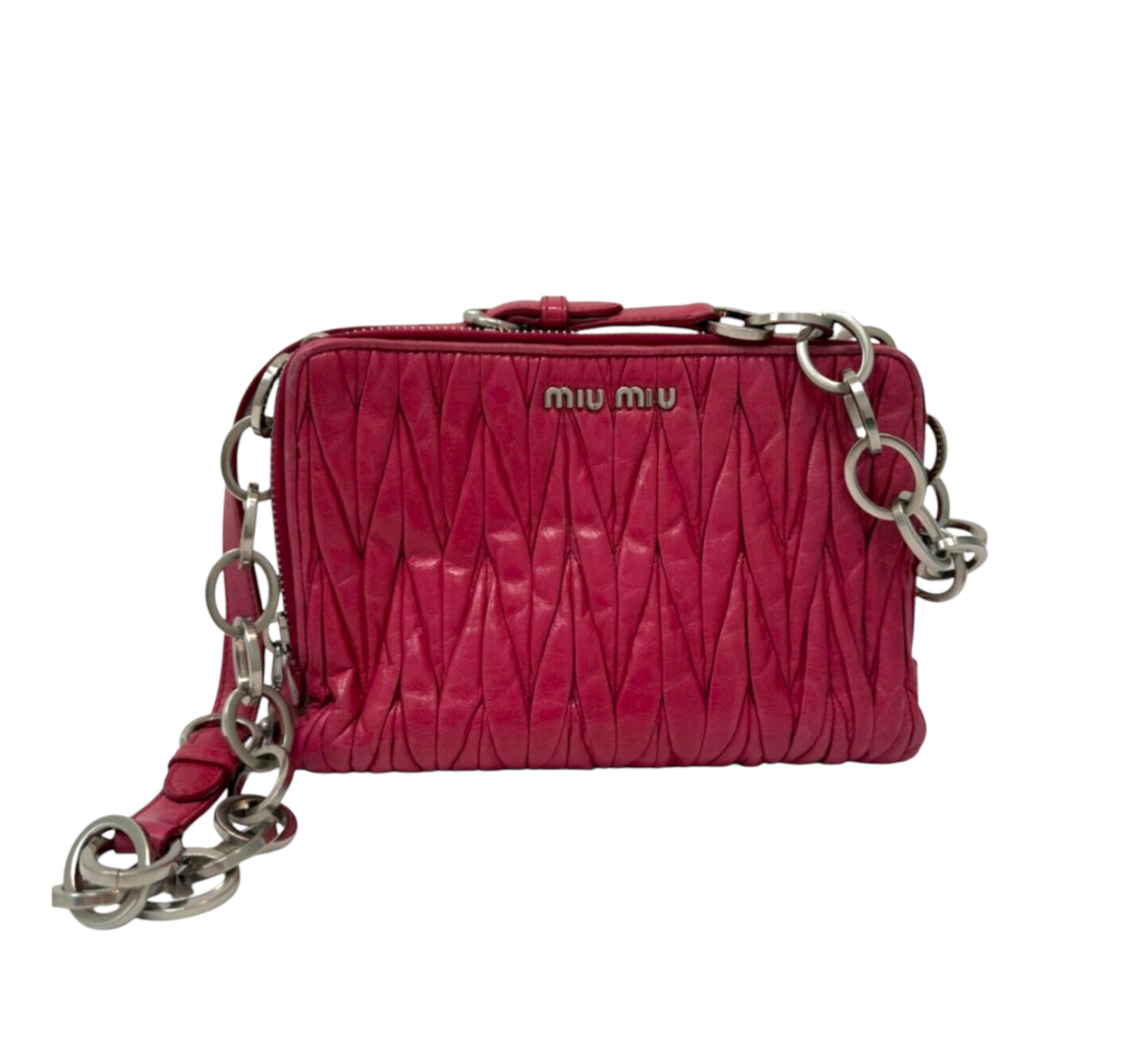 MIU MIU Peonia Fucsia Vitello Lux Matelasse Double Zip Shoulder Bag Handbag