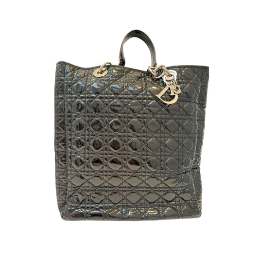 Authentic Christian Dior Patent Lady Dior Soft Black Cannage Shopping Tote Bag