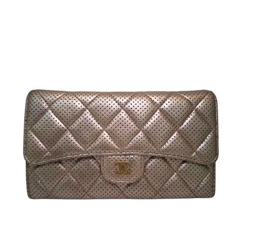 Authentic Chanel CC Quilted Champagne Bifold Perforated Leather Long Flap Wallet