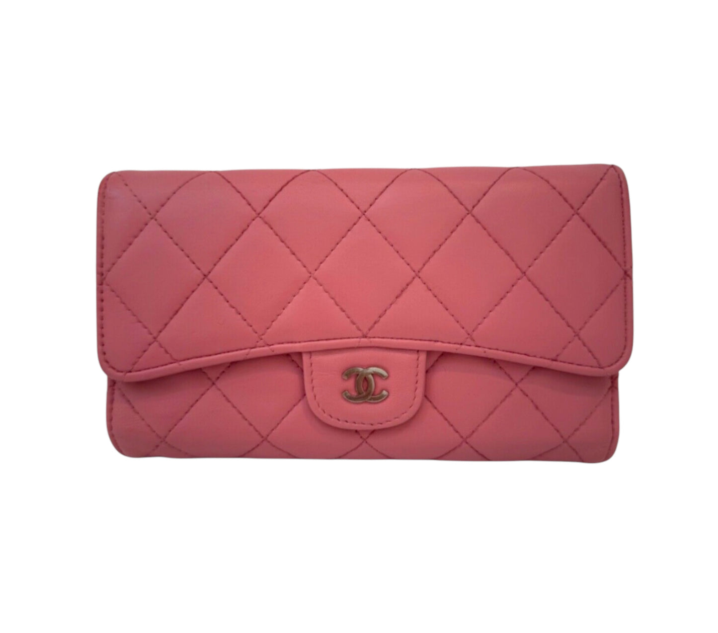 Authentic Chanel CC Quilted Pink BIFOLD Leather Long Flap Wallet