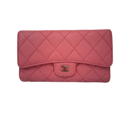 Authentic Chanel CC Quilted Pink BIFOLD Leather Long Flap Wallet