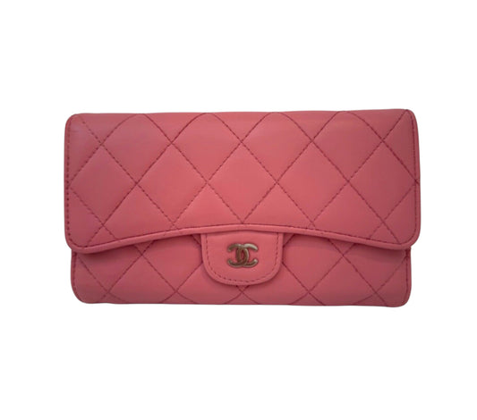 Authentic Chanel CC Quilted Pink BIFOLD Leather Long Flap Wallet