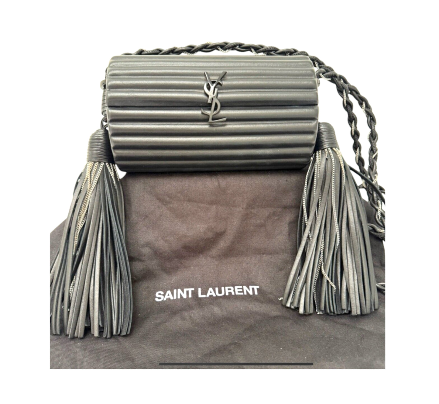 Saint Laurent Ribbed Plexiglass Lambskin Fringe Monogram Opium Box Bag