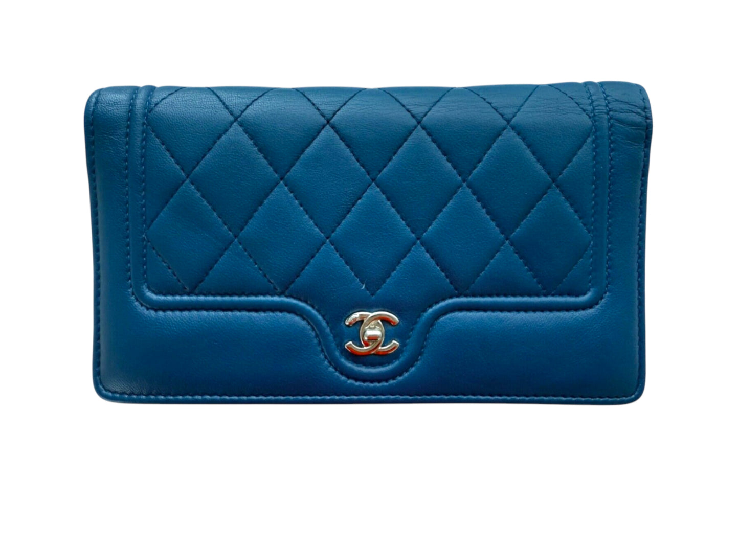 Chanel Blue Quilted Wallet Pink Interior Leather Long Flap Wallet