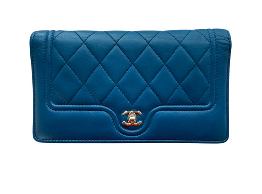 Chanel Blue Quilted Wallet Pink Interior Leather Long Flap Wallet