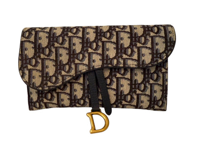 Christian Dior Blue Oblique Jacquard Saddle Pouch with Chain WOC Wallet on Chain